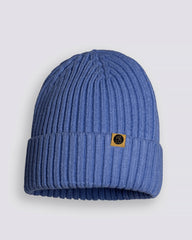 Light blue knit beanie with a brand logo on a light gray background