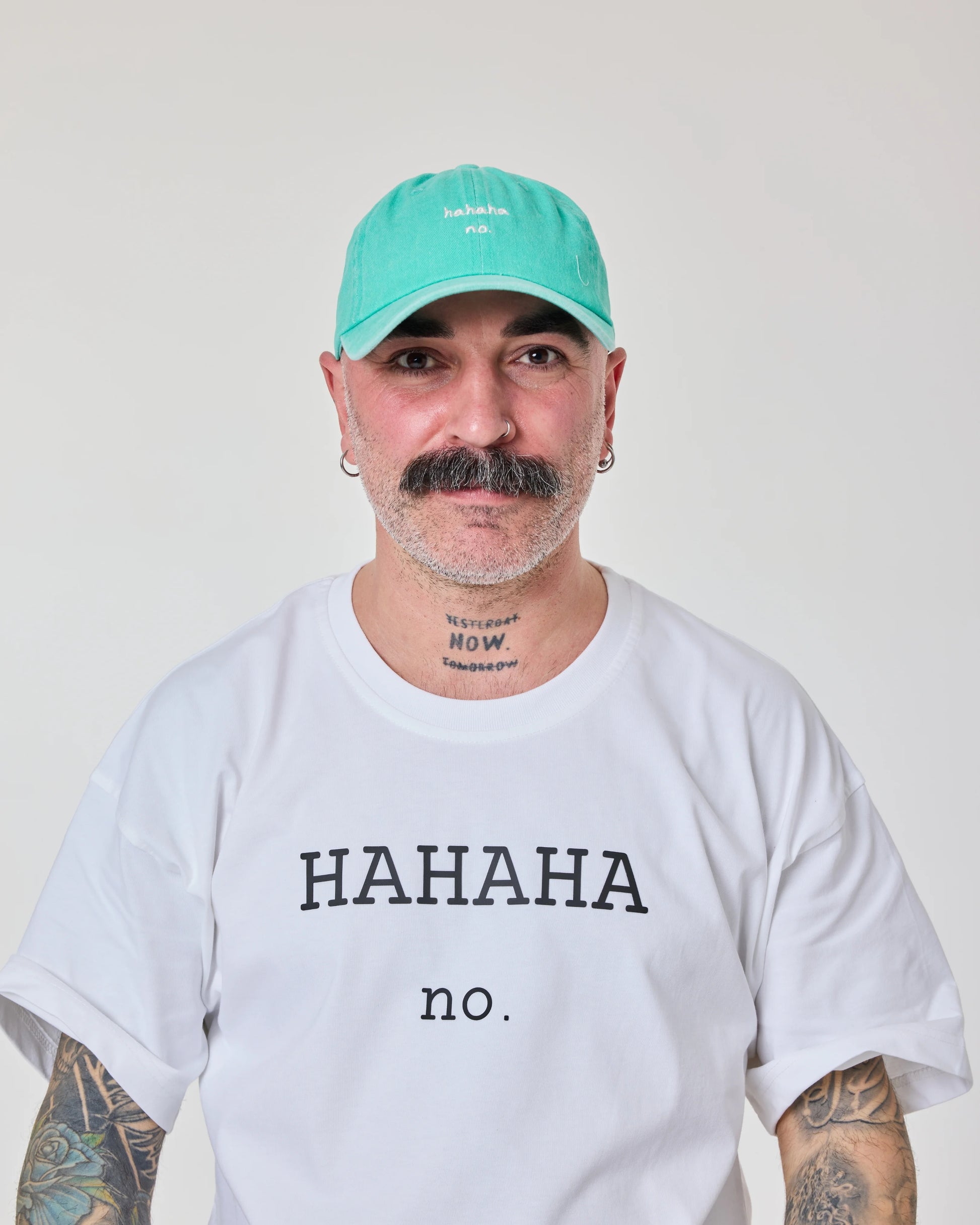 man wearing Hahaha No Light Blue Washed Cap