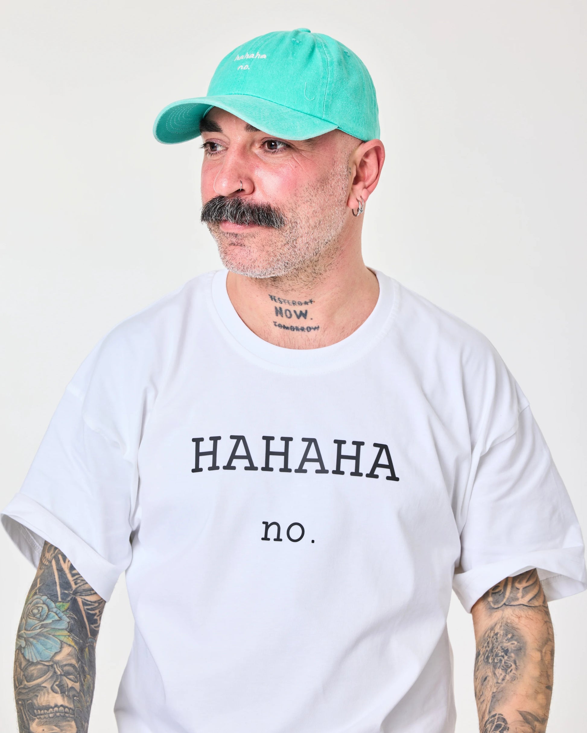 man wearing Hahaha No Light Blue Washed Cap Hat