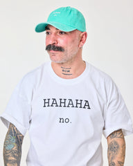 man wearing Hahaha No Light Blue Washed Cap Hat