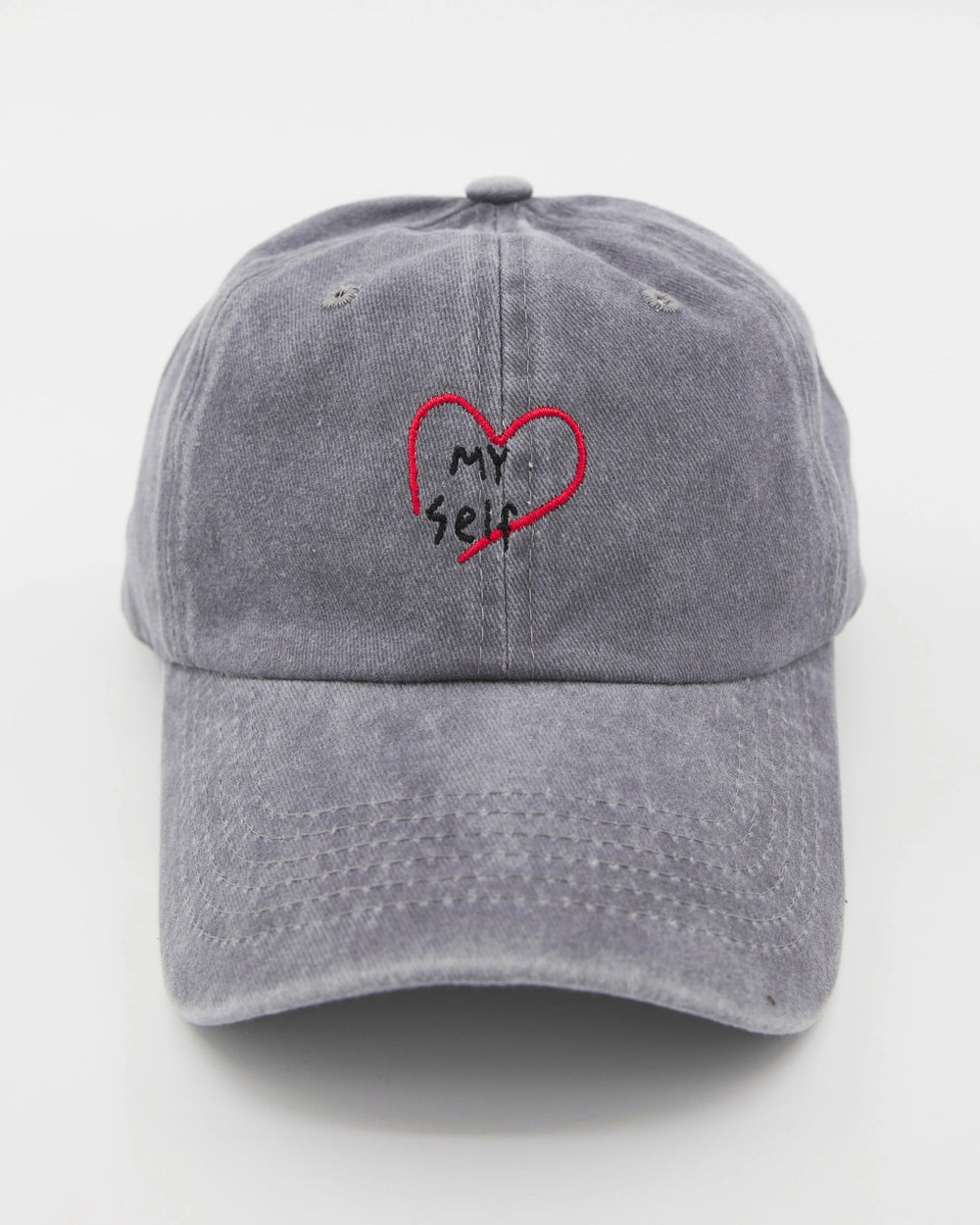 front view of Light Gray Washed Caps with Love Myself embroidered in black