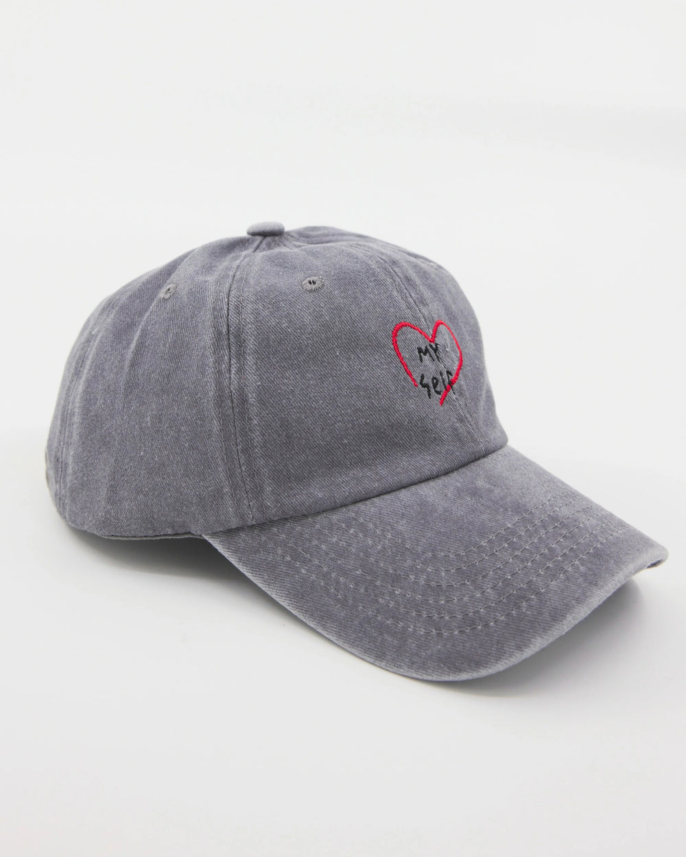 side view of Light Gray Washed Caps with Love Myself embroidered in black