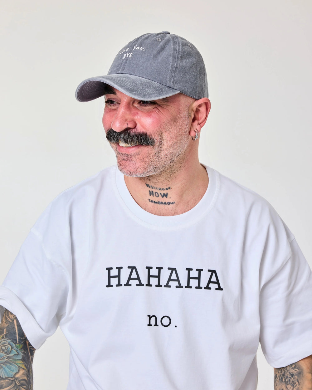 side view of a man wearing Love You Bye Light Gray Washed Cap