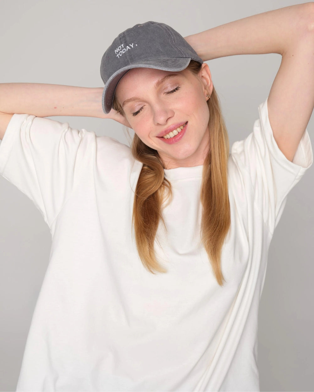 woman wearing Light Gray Washed Cap with Not Today embroidered in white