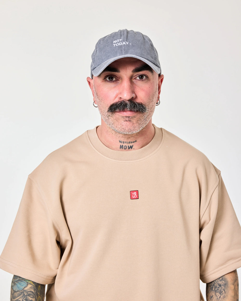 man wearing Light Gray Washed Cap with Not Today embroidered in white