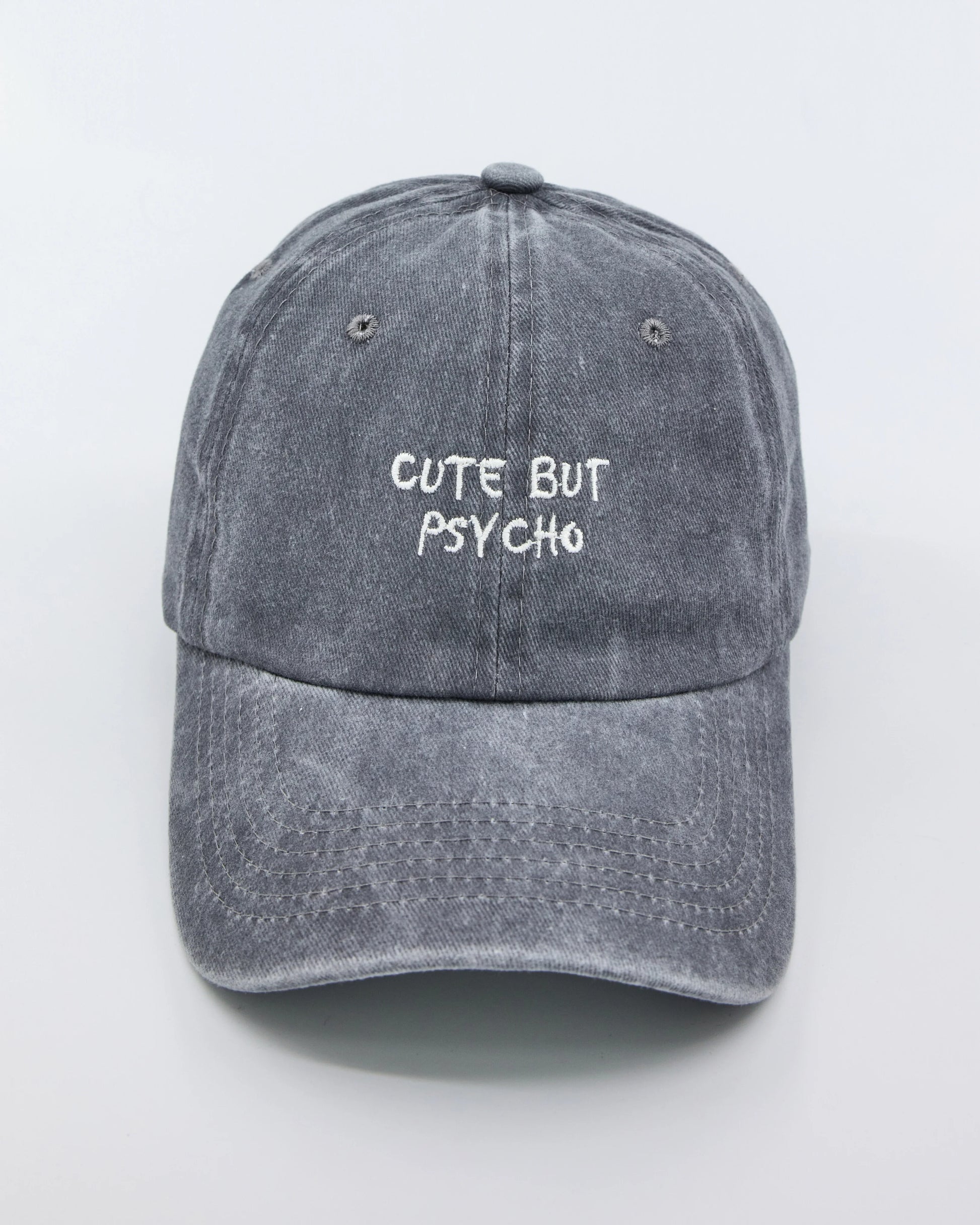 front view of Cute But Psycho Light Grey Washed Cap