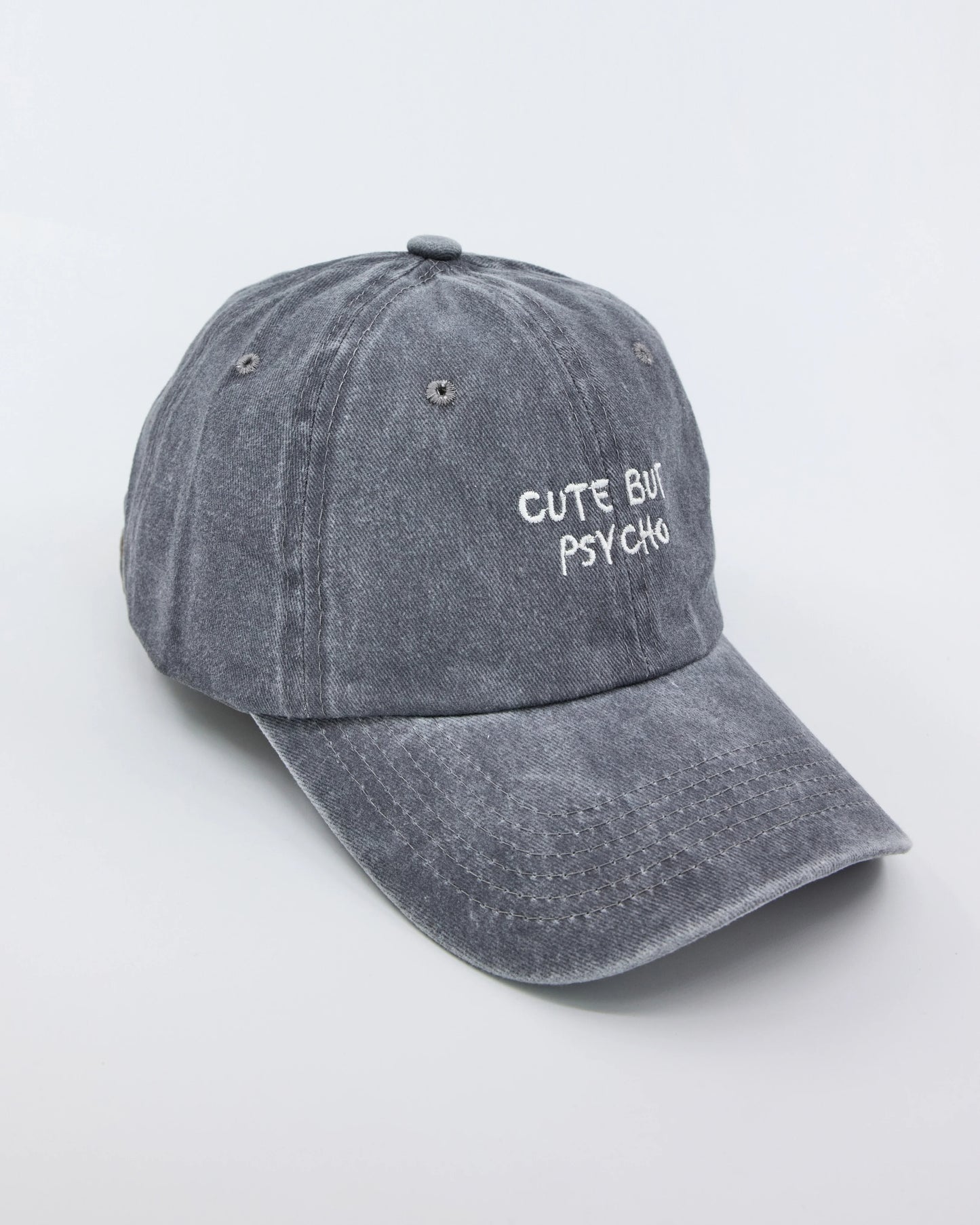 side view of Cute But Psycho Light Grey Washed Cap