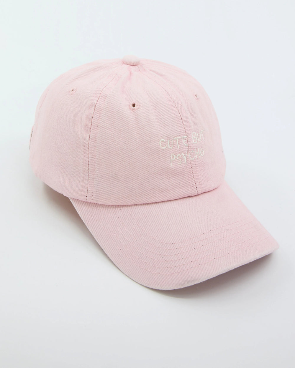 side view of Cute But Psycho Light Pink Washed Cap