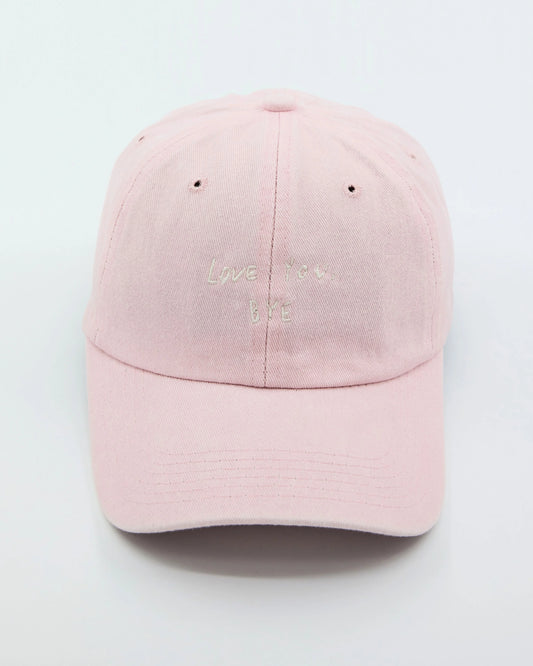 front look of light pink cap with love you, bye text on it on a white background