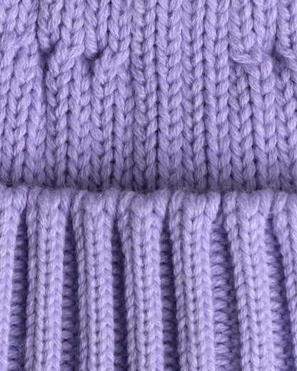 close look of lilac fisherman beanie