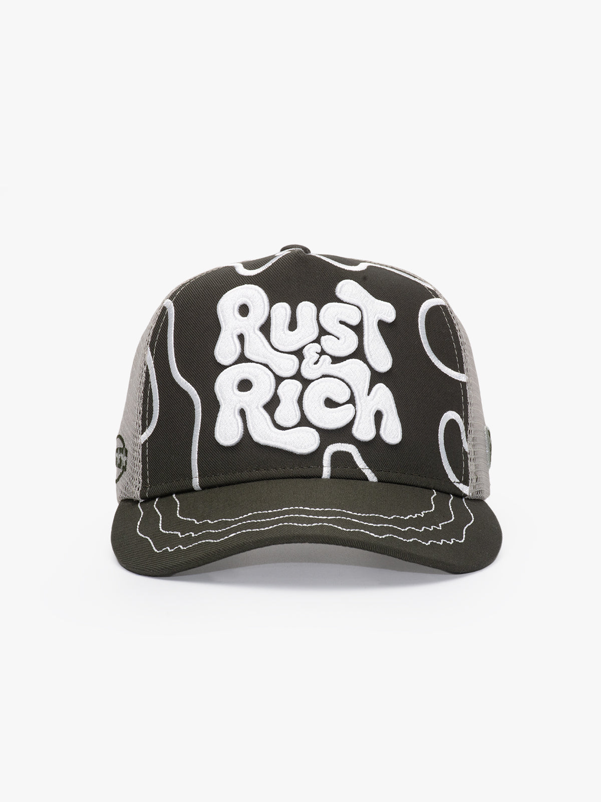 Front view of Rust & Rich Gray Trucker Hat