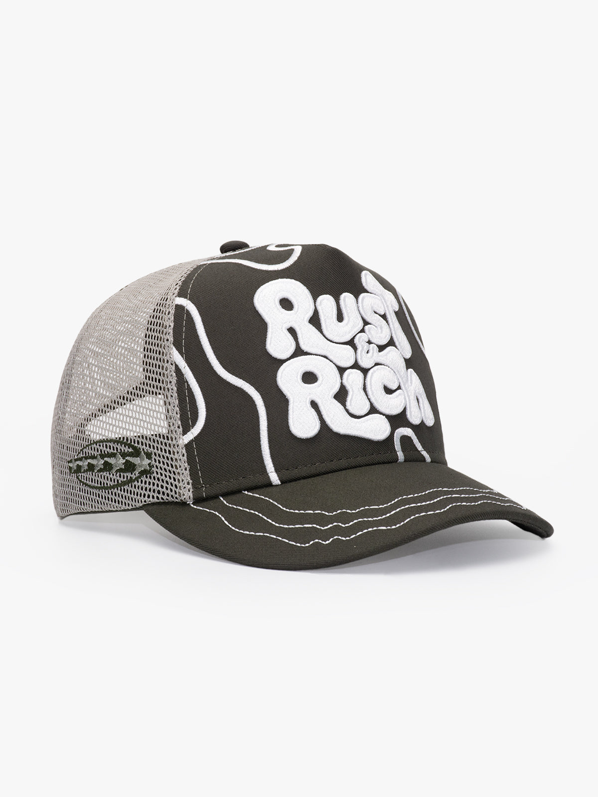 Side view of Rust & Rich Gray Trucker Hat