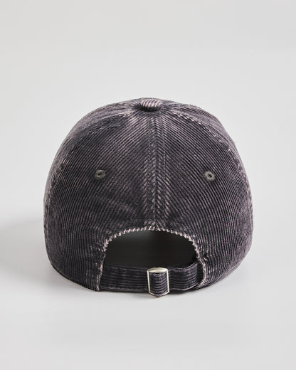 Charcoal grey distressed baseball cap on a light gray background