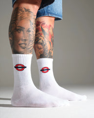 model wearing london underground design white socks 