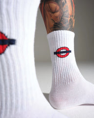 close look of london underground design on white socks 