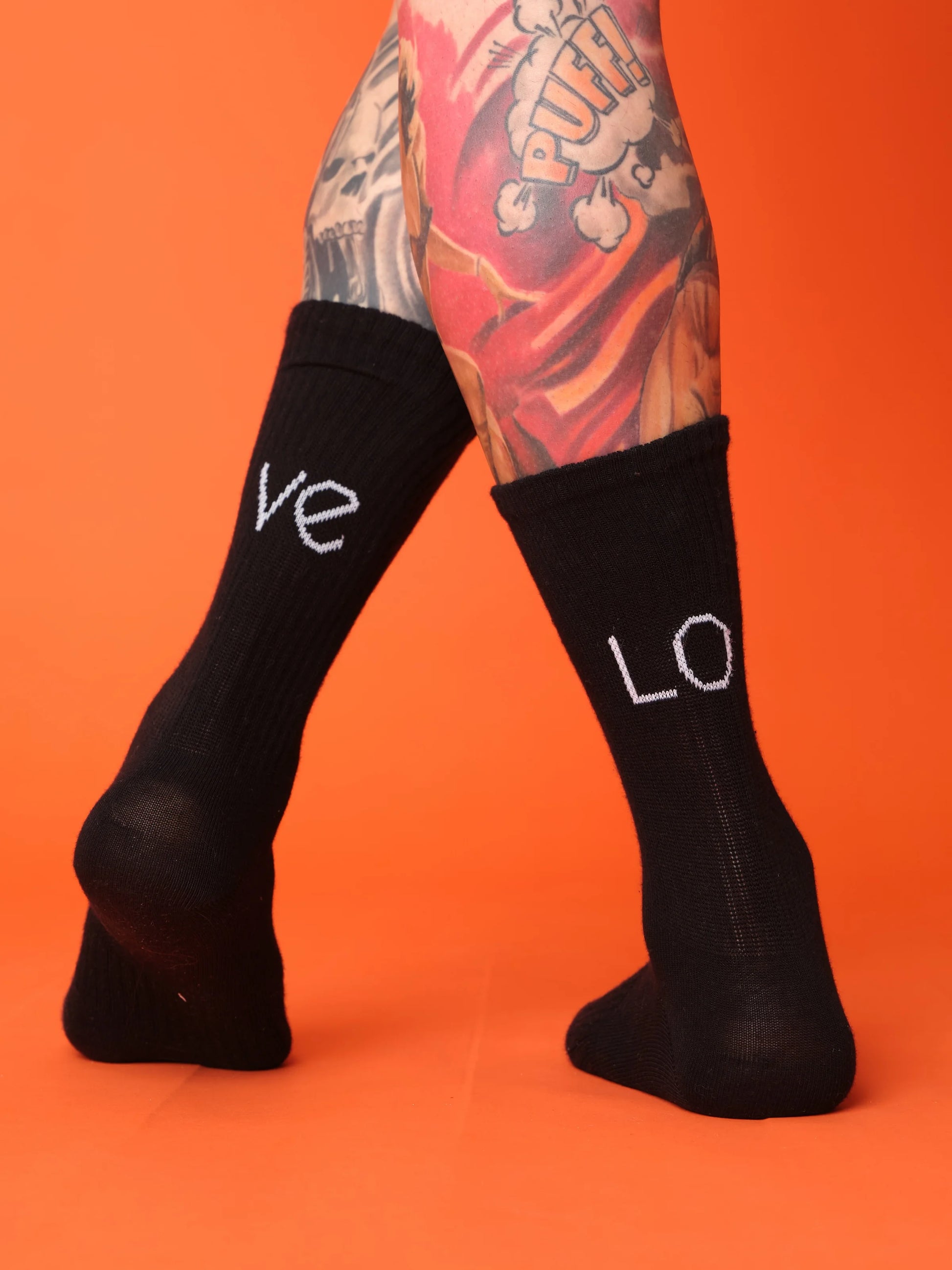back view of black love socks
