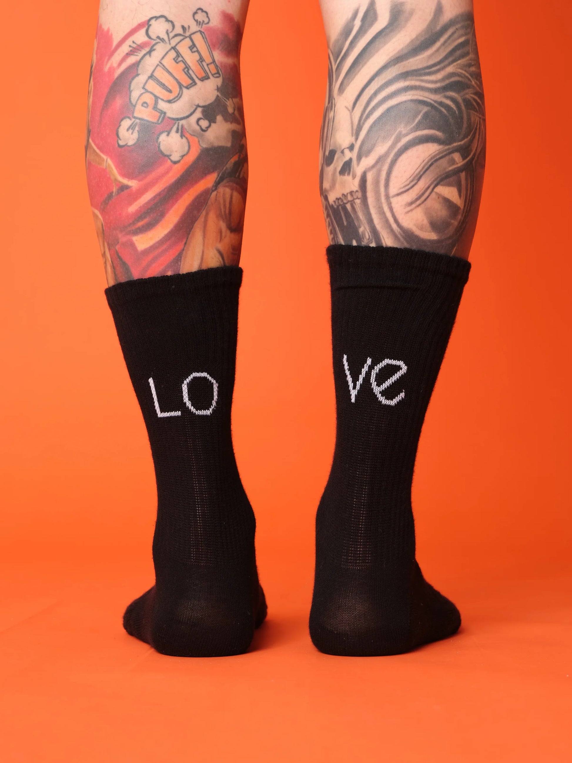 back view of black love socks