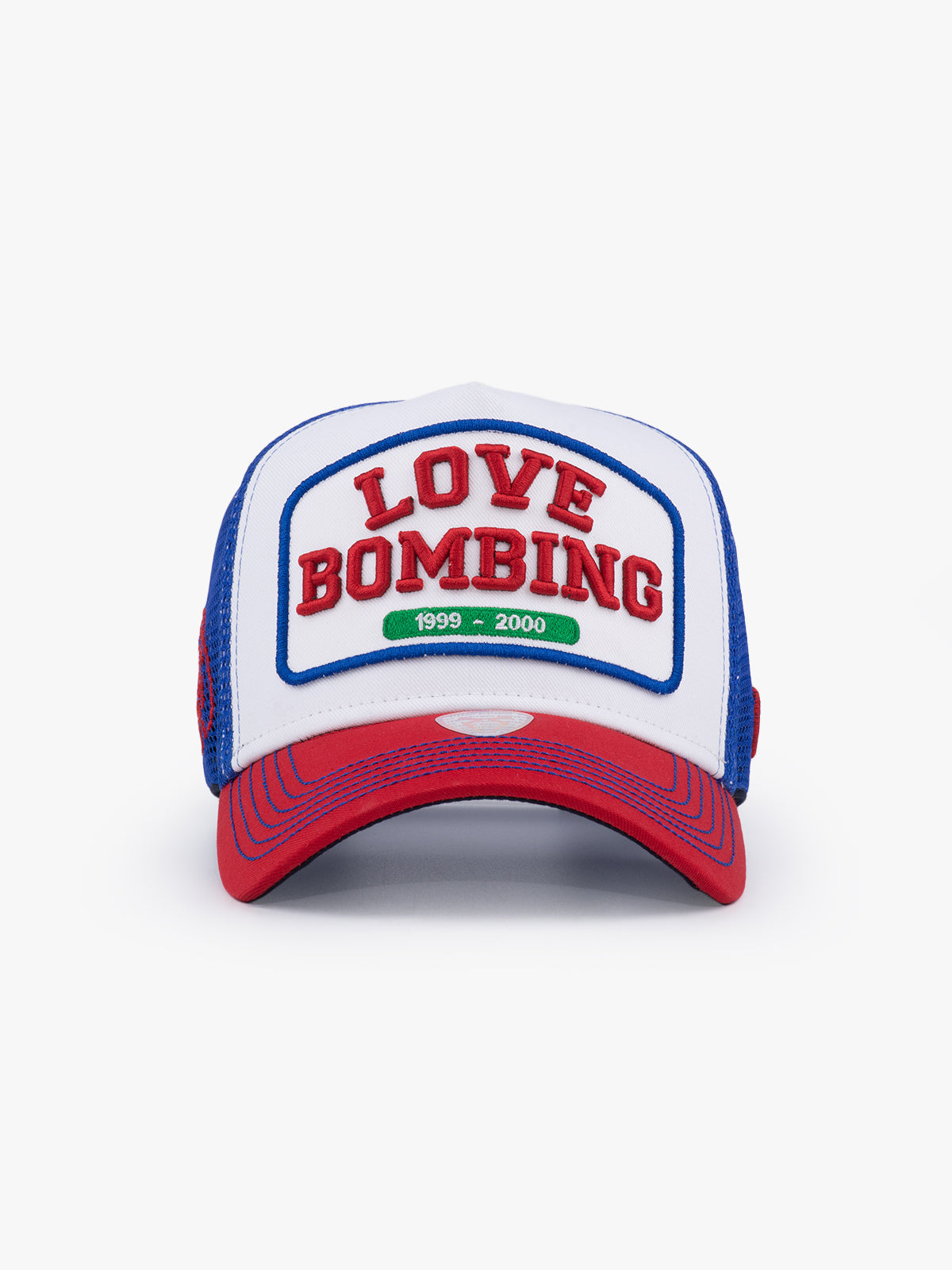 Front view of Love Bombing Blue Trucker Hat