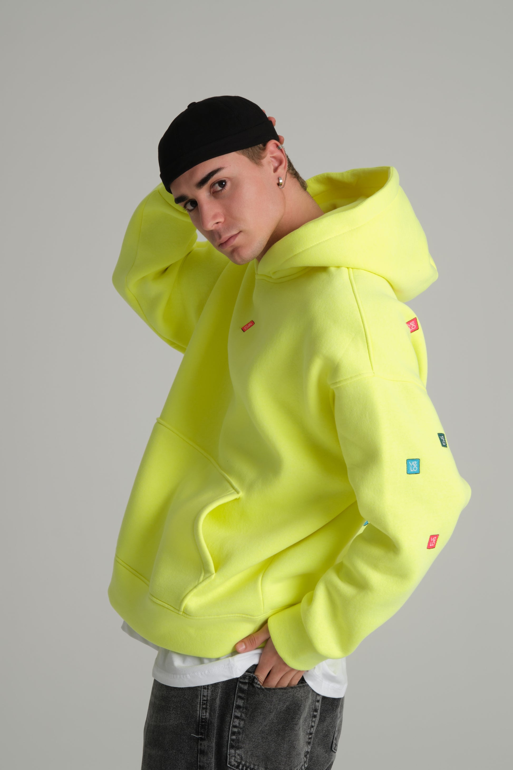 side view of Love Pixel Neon Green Hoodie