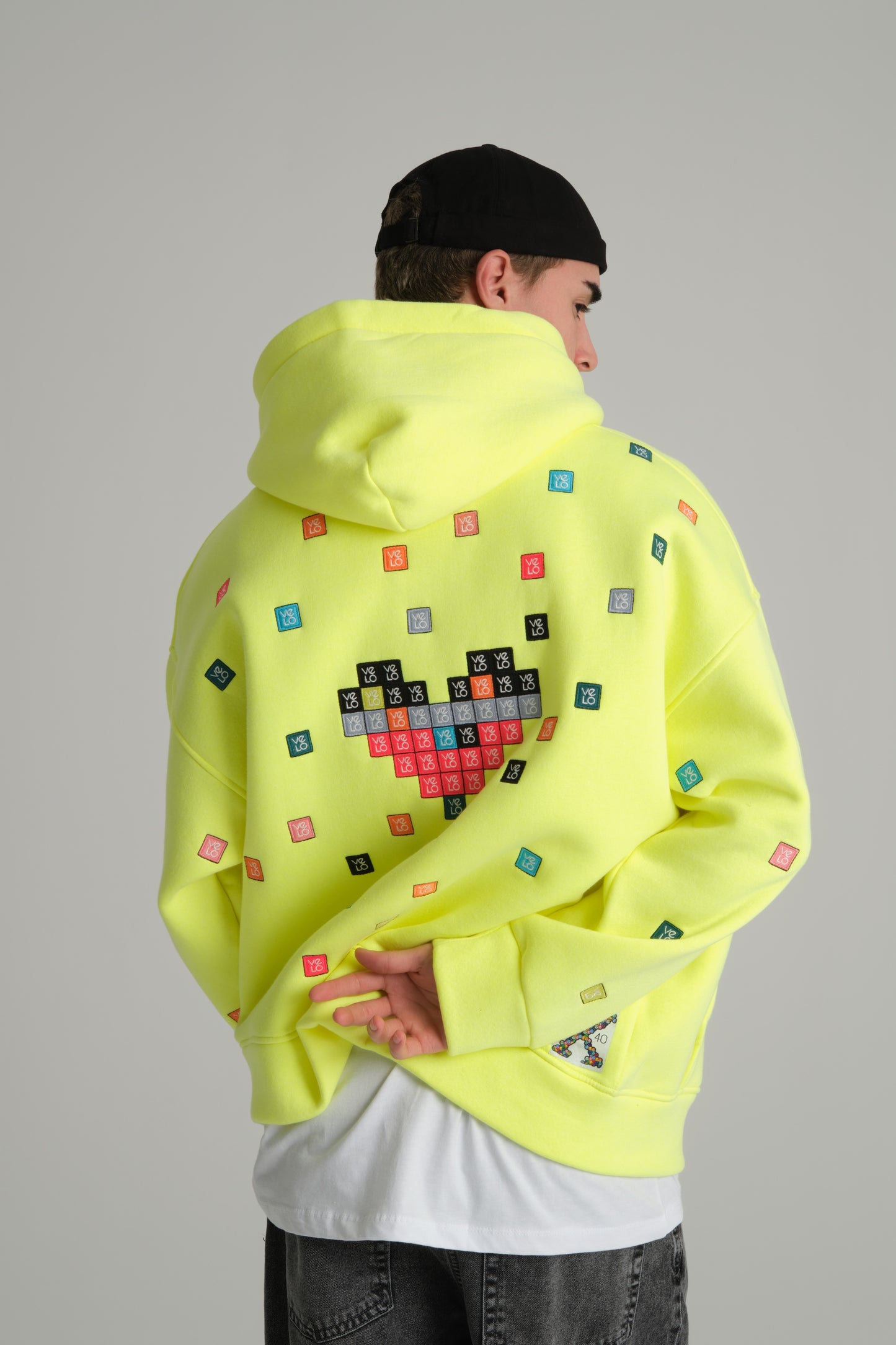 back view of  Love Pixel Neon Green Hoodie