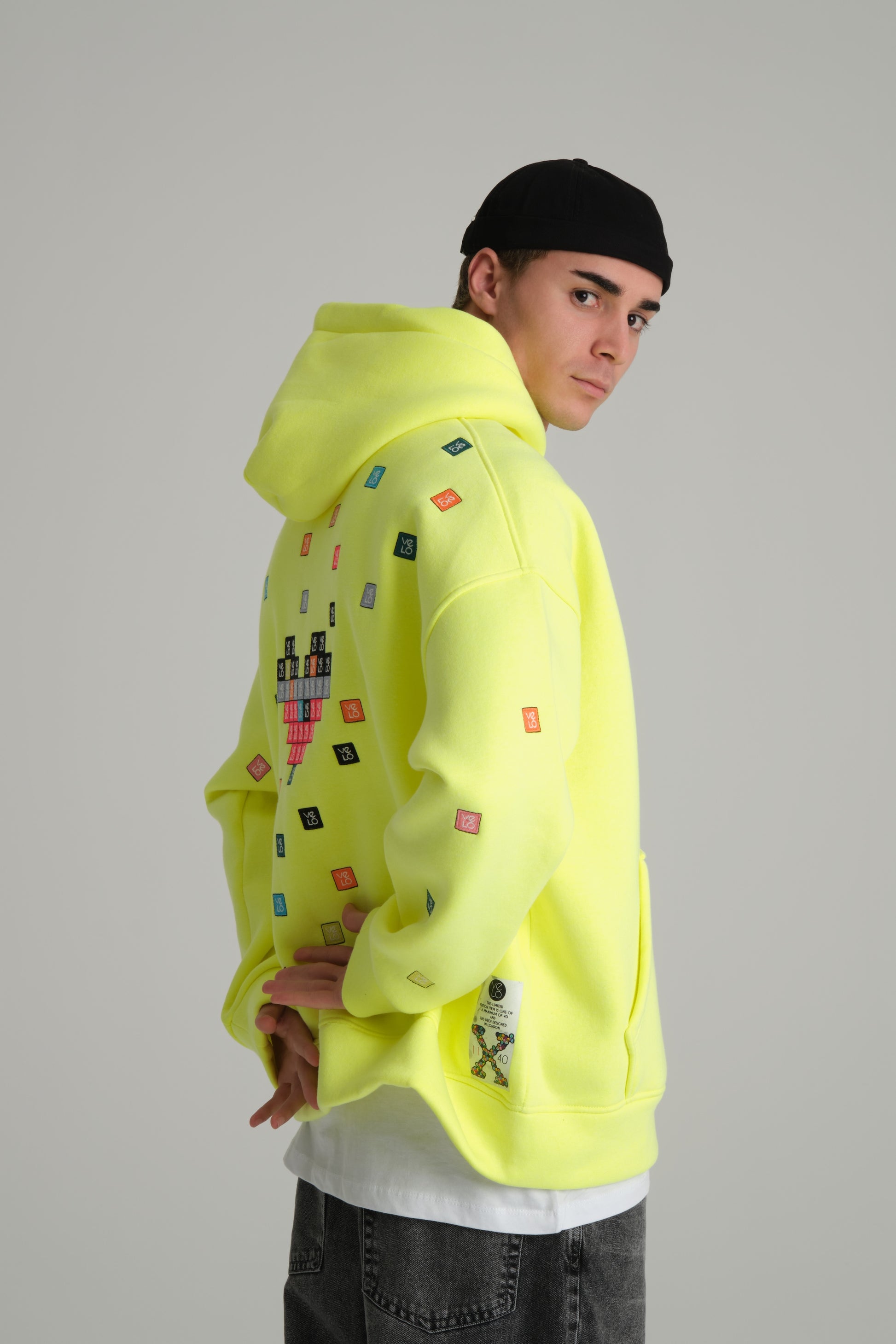 back view of Love Pixel Neon Green Hoodie