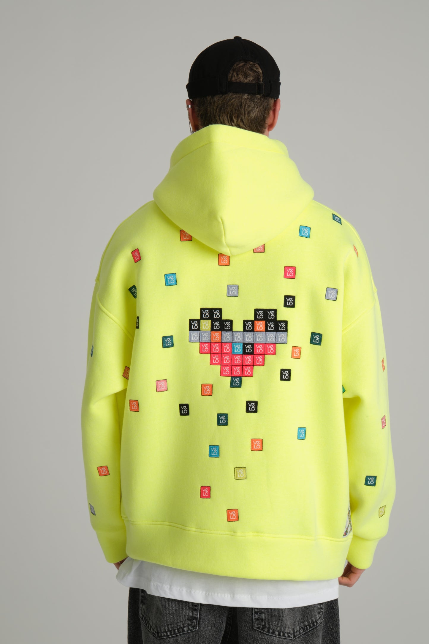 bac view of Love Pixel Neon Green Hoodie