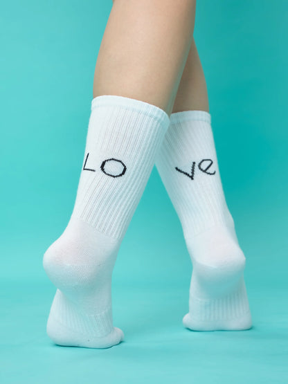 back view of white love socks