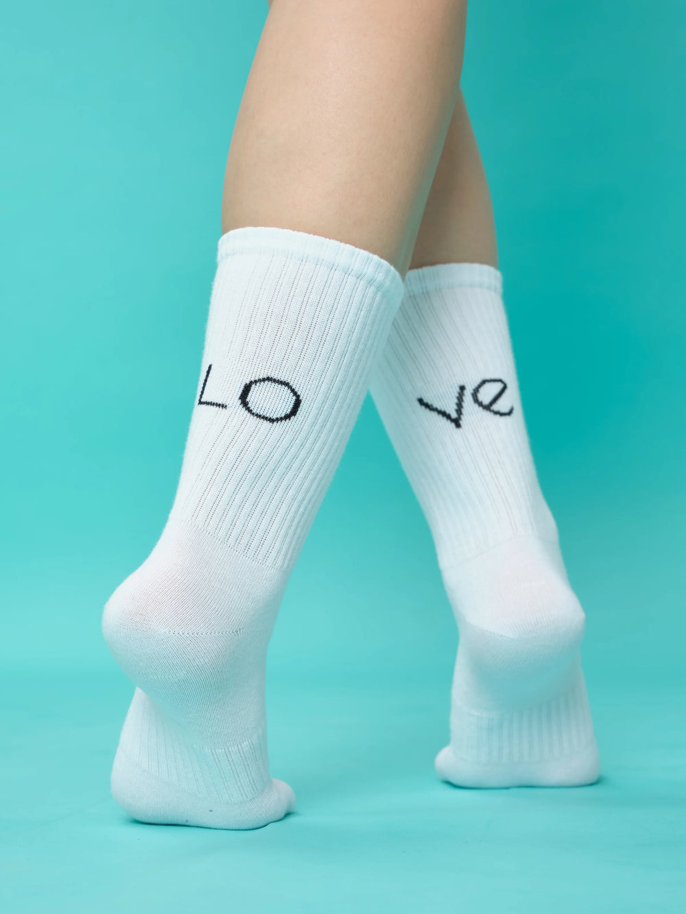 back view of white love socks