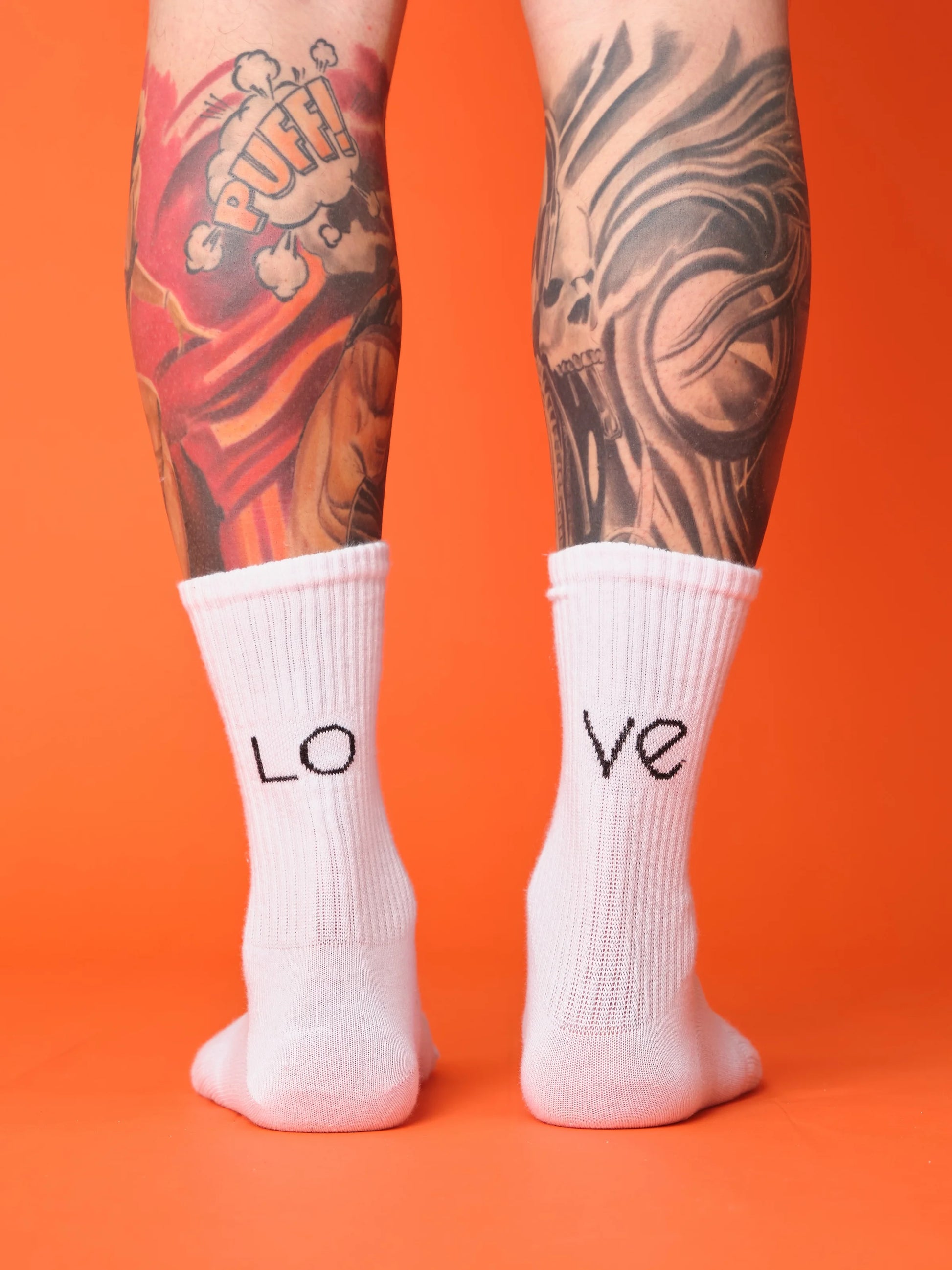 back view of white love socks