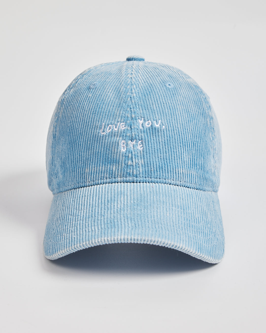 Front view of Love You Bye Baby Blue Corduroy Cap