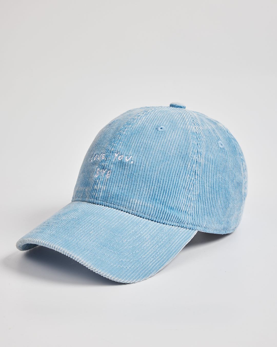Love You Bye Baby Blue Corduroy Cap on a light gray background