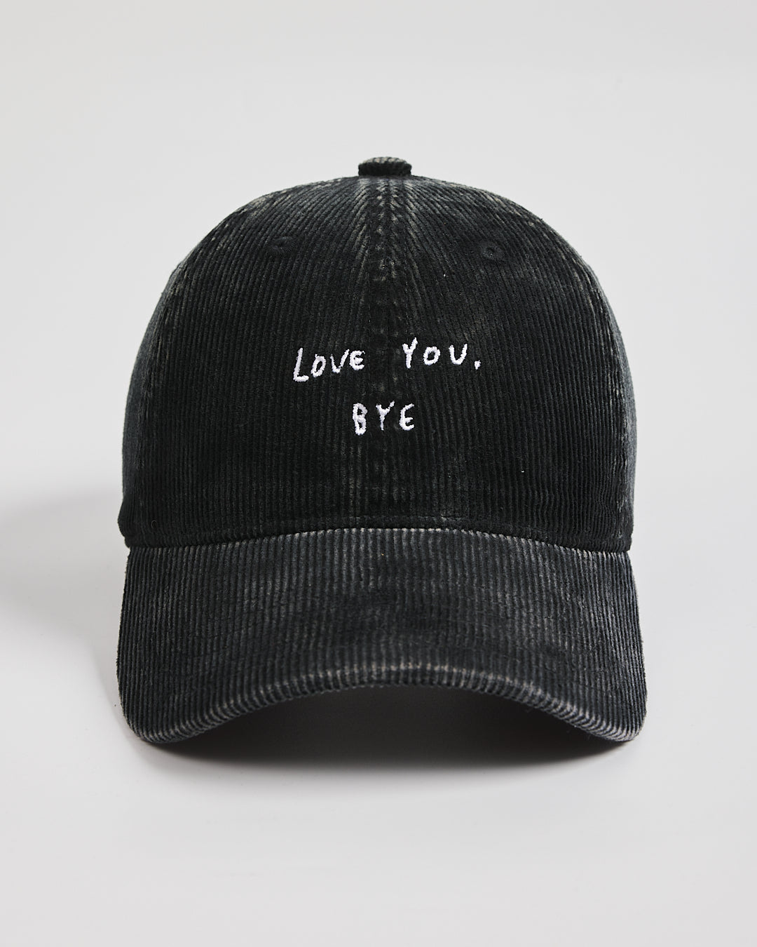 Front view of Love You Bye Black Corduroy Caps