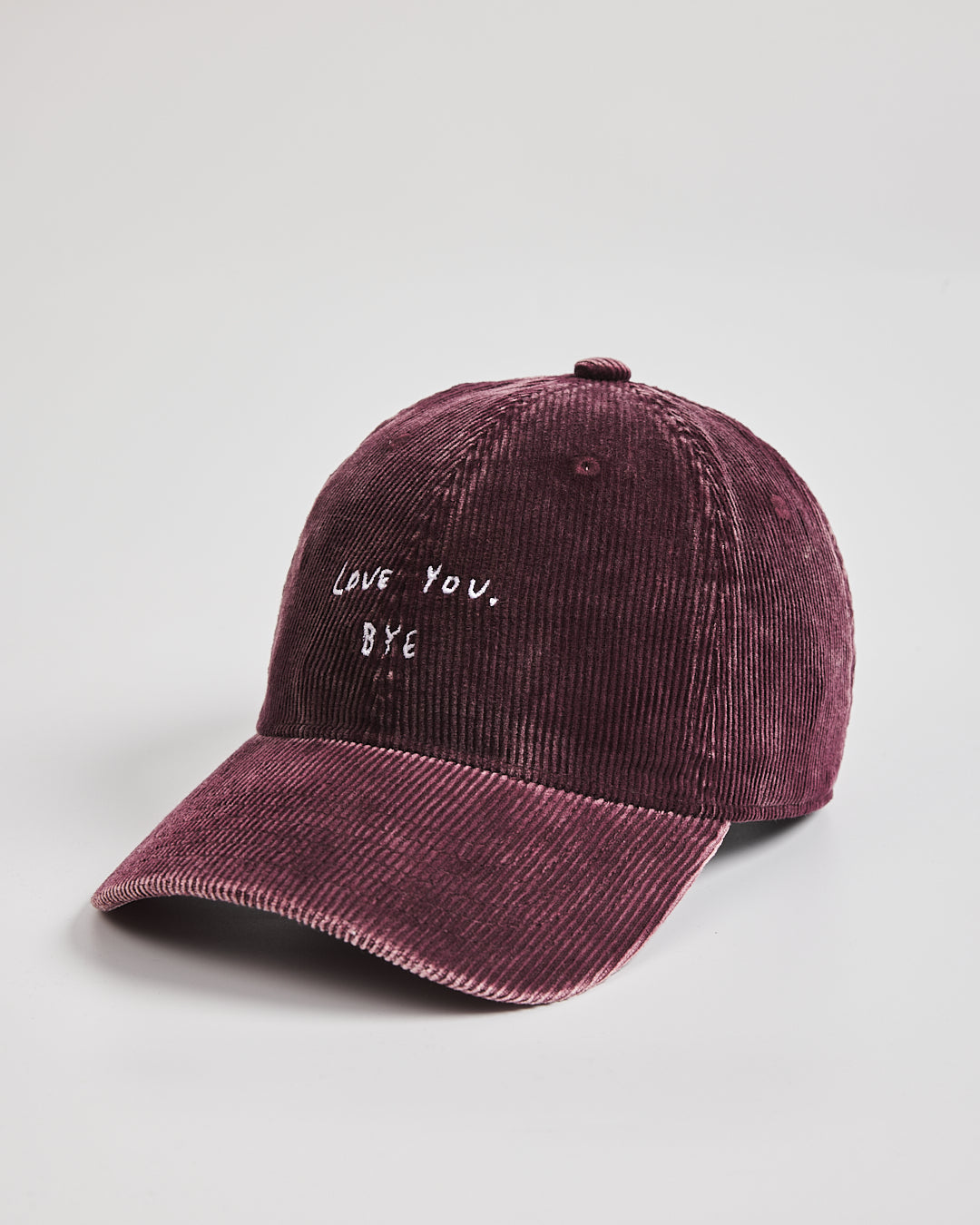 Side view of Love You Bye Burgundy Corduroy Caps