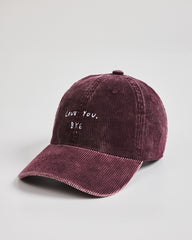 Side view of Love You Bye Burgundy Corduroy Caps