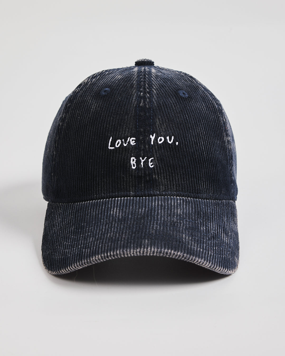 Front view of Love You Bye Navy Corduroy Cap