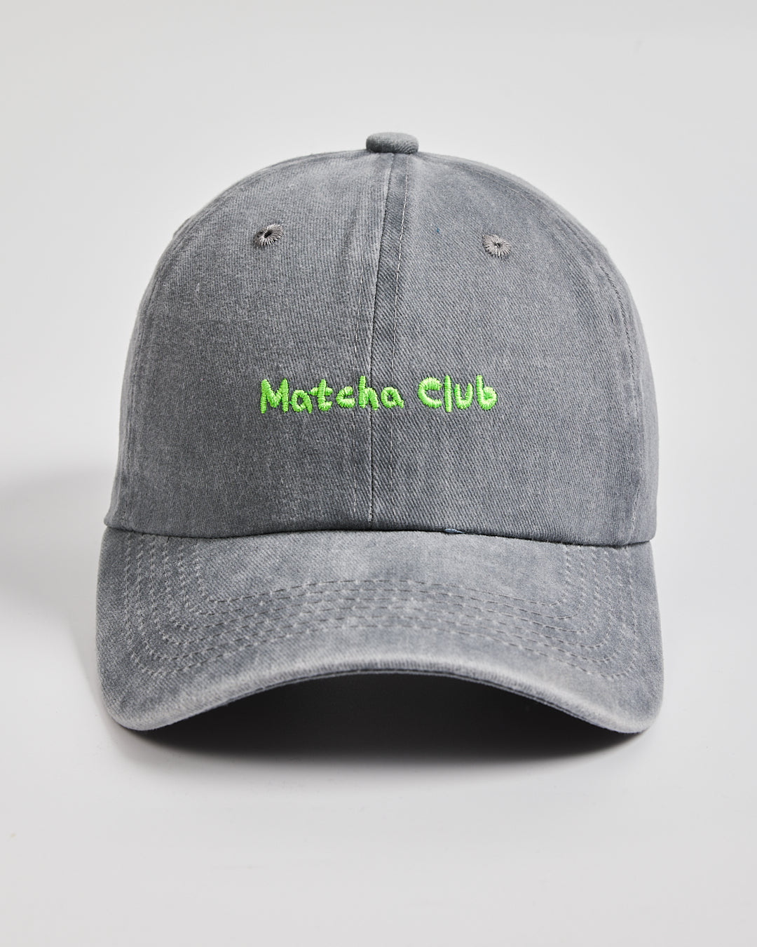 Front view of Matcha Club Grey Washed Cap