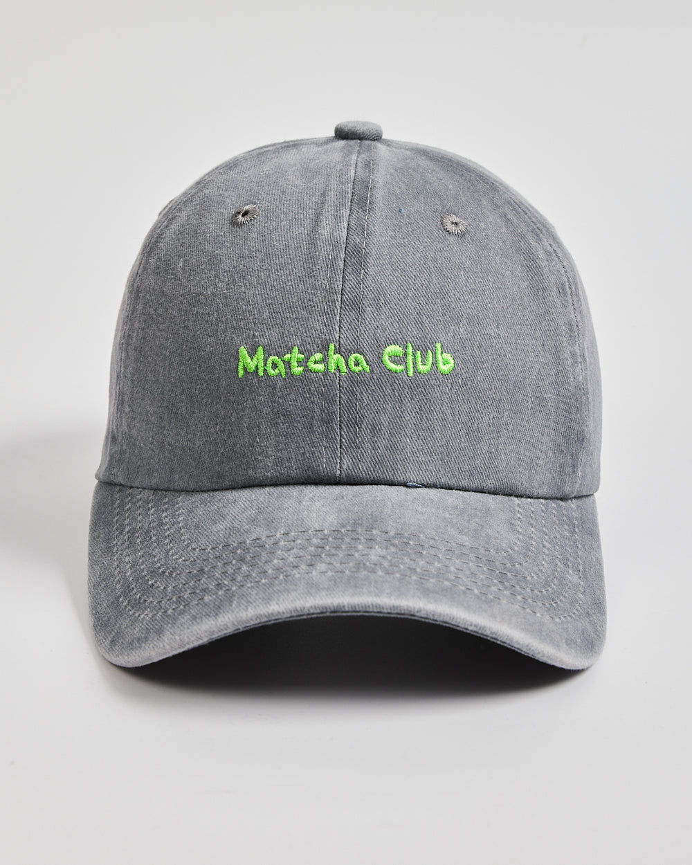 Front view of Matcha Club Grey Washed Cap