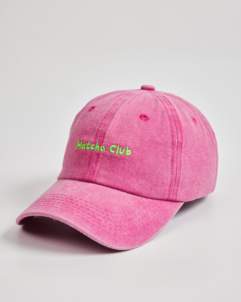 Side view of Matcha Club Hot Pink Washed Caps