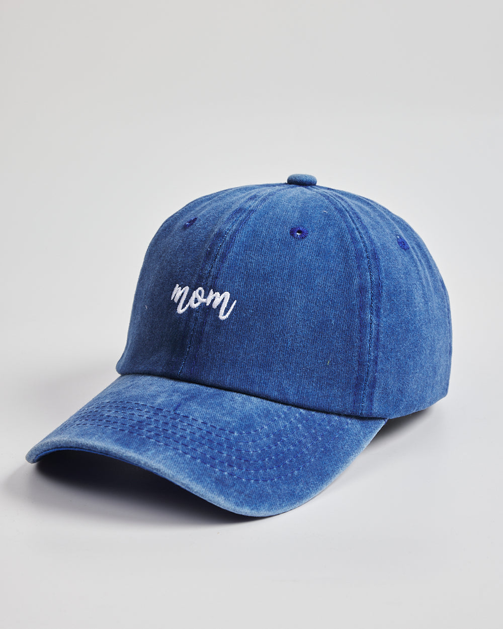 Side view of Mom Blue Washed Caps
