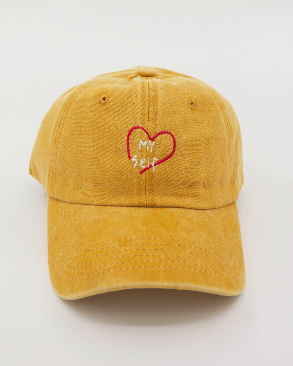front view of Love Myself Mustard Washed Cap