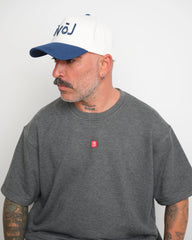 Man wearing a gray t-shirt with a small red logo and a white cap with navy brim and 'love' text.