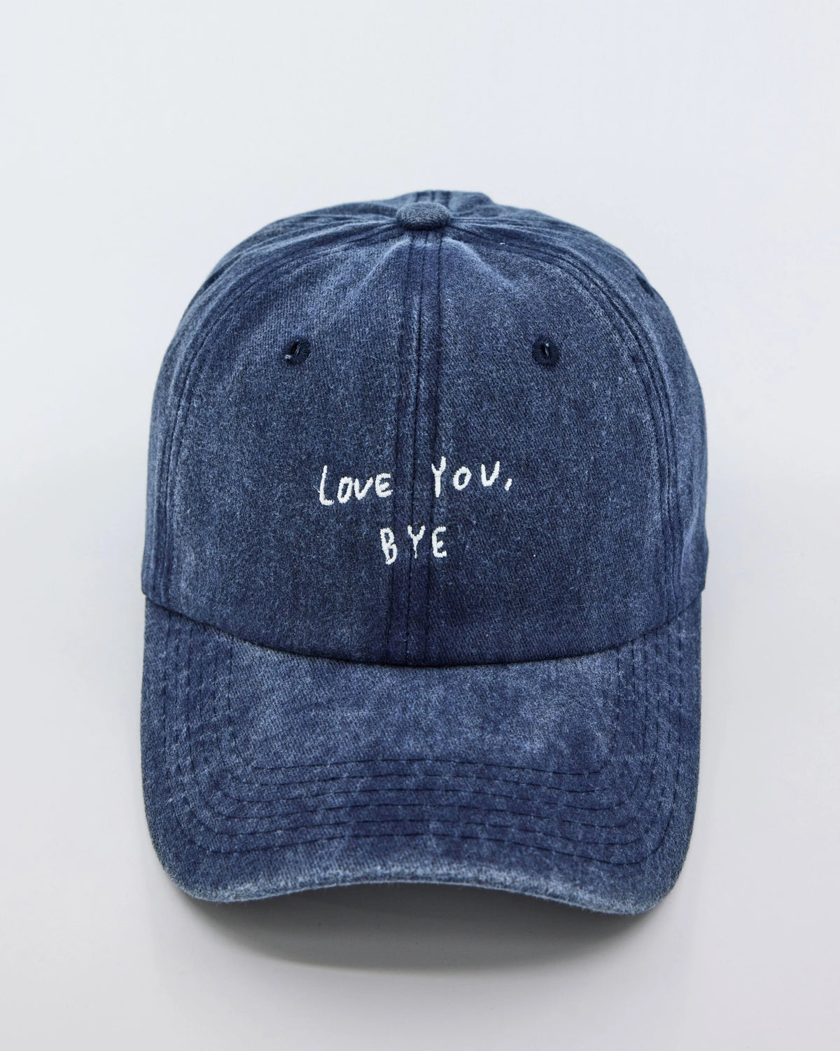 front view Navy Blue Washed Cap with Love You Bye embroidered in white
