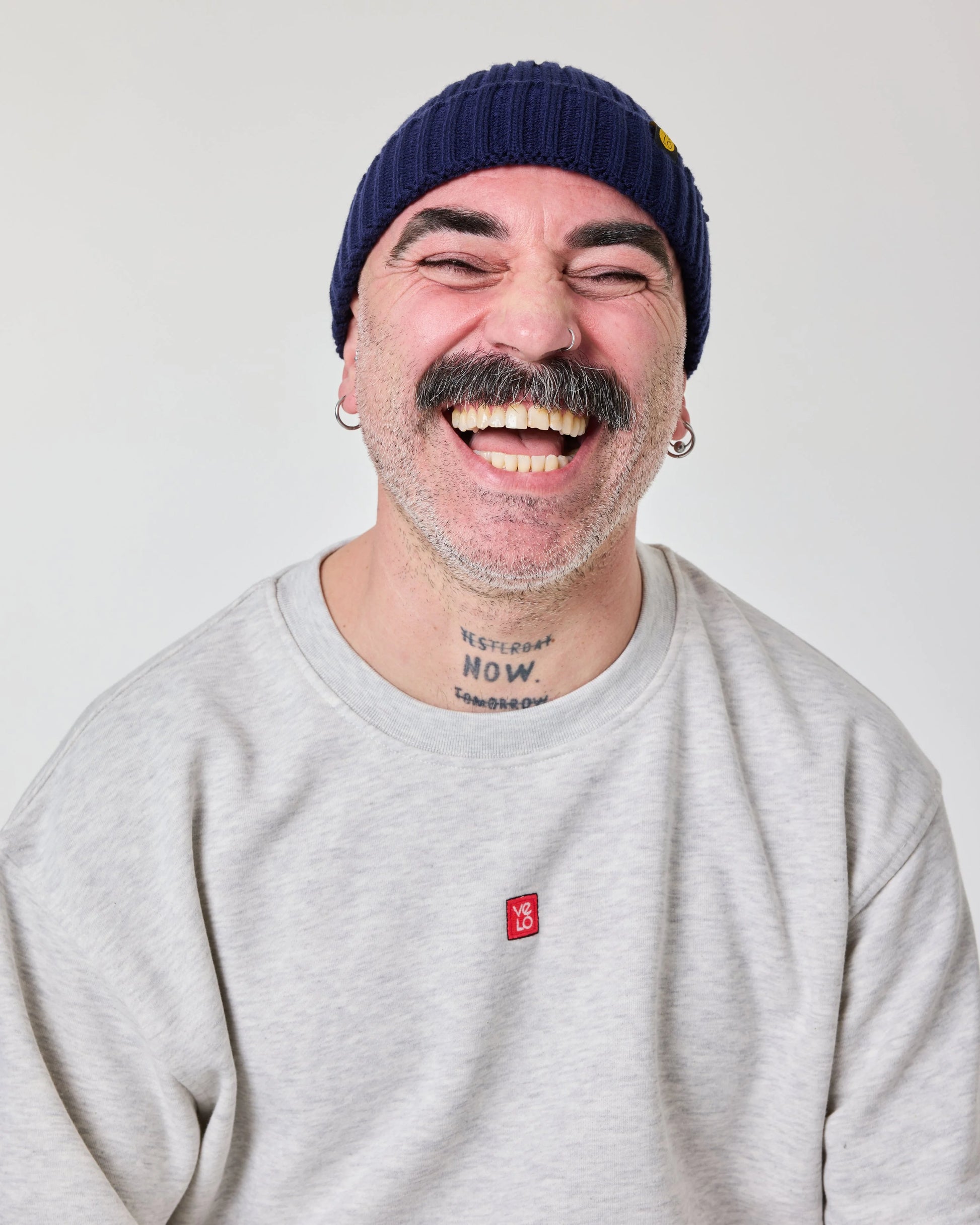 front view of a man wearing Navy Fisherman Beanie