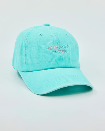 Side view of Need More Coffee Aqua Blue Washed Cap