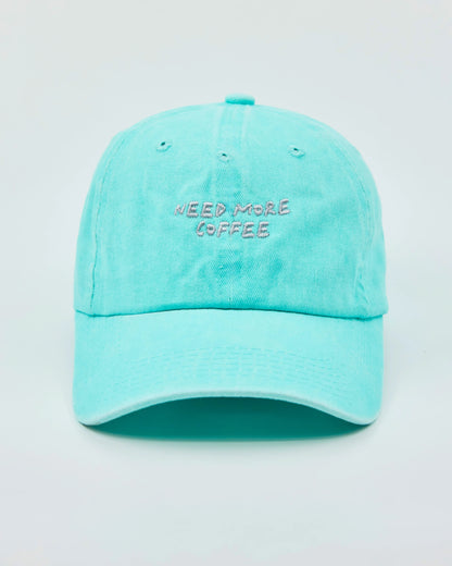 Front view of Need More Coffee Aqua Blue Washed Cap