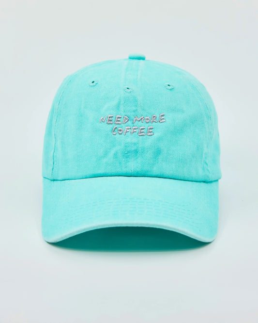 Front view of Need More Coffee Aqua Blue Washed Cap