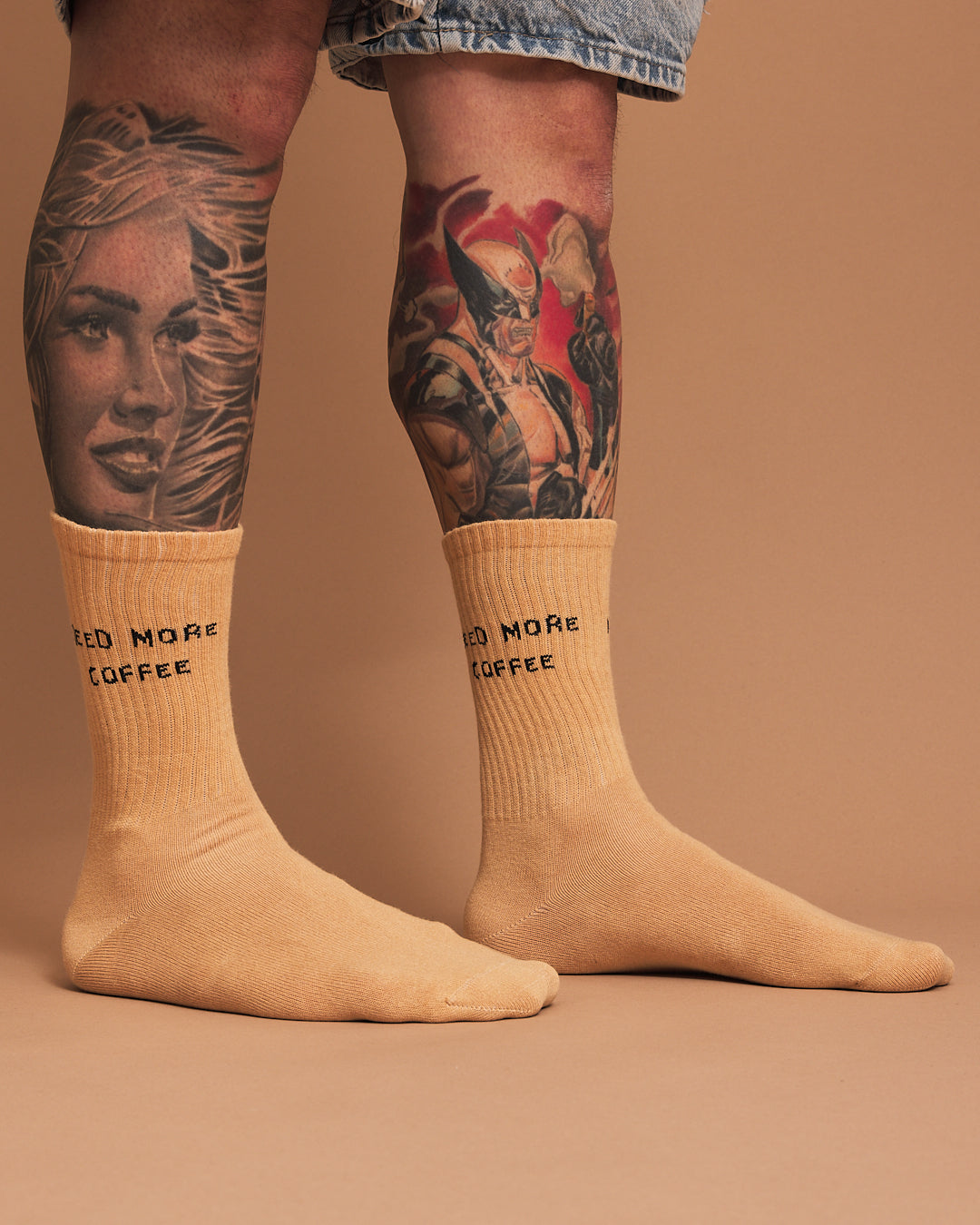 Side view of Need More Coffee Beige Socks