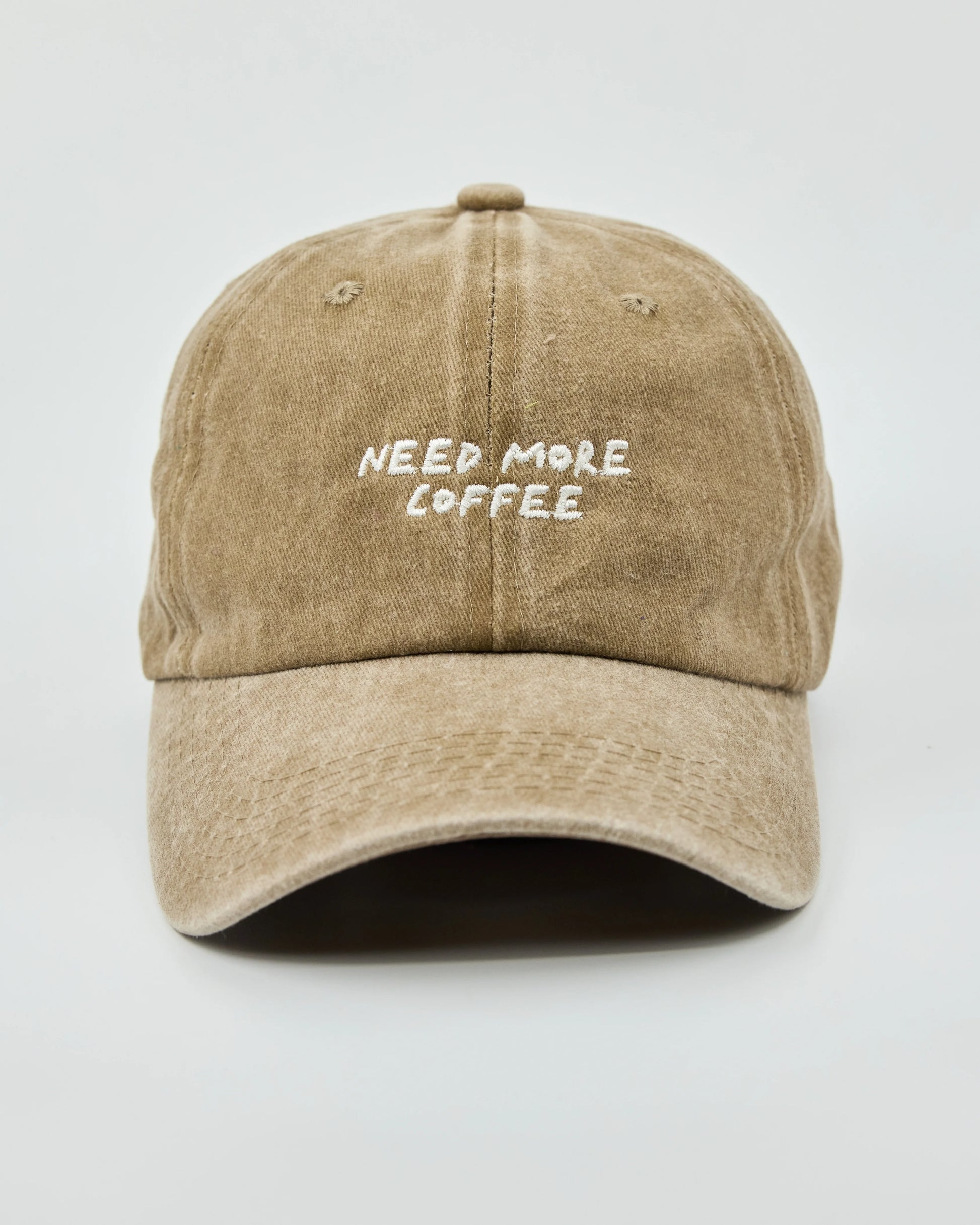 Front view of Need More Coffee Beige Washed Cap