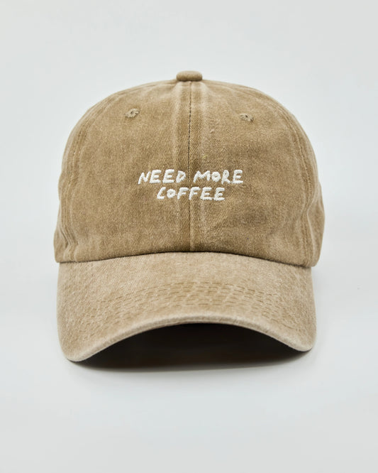 Front view of Need More Coffee Beige Washed Cap