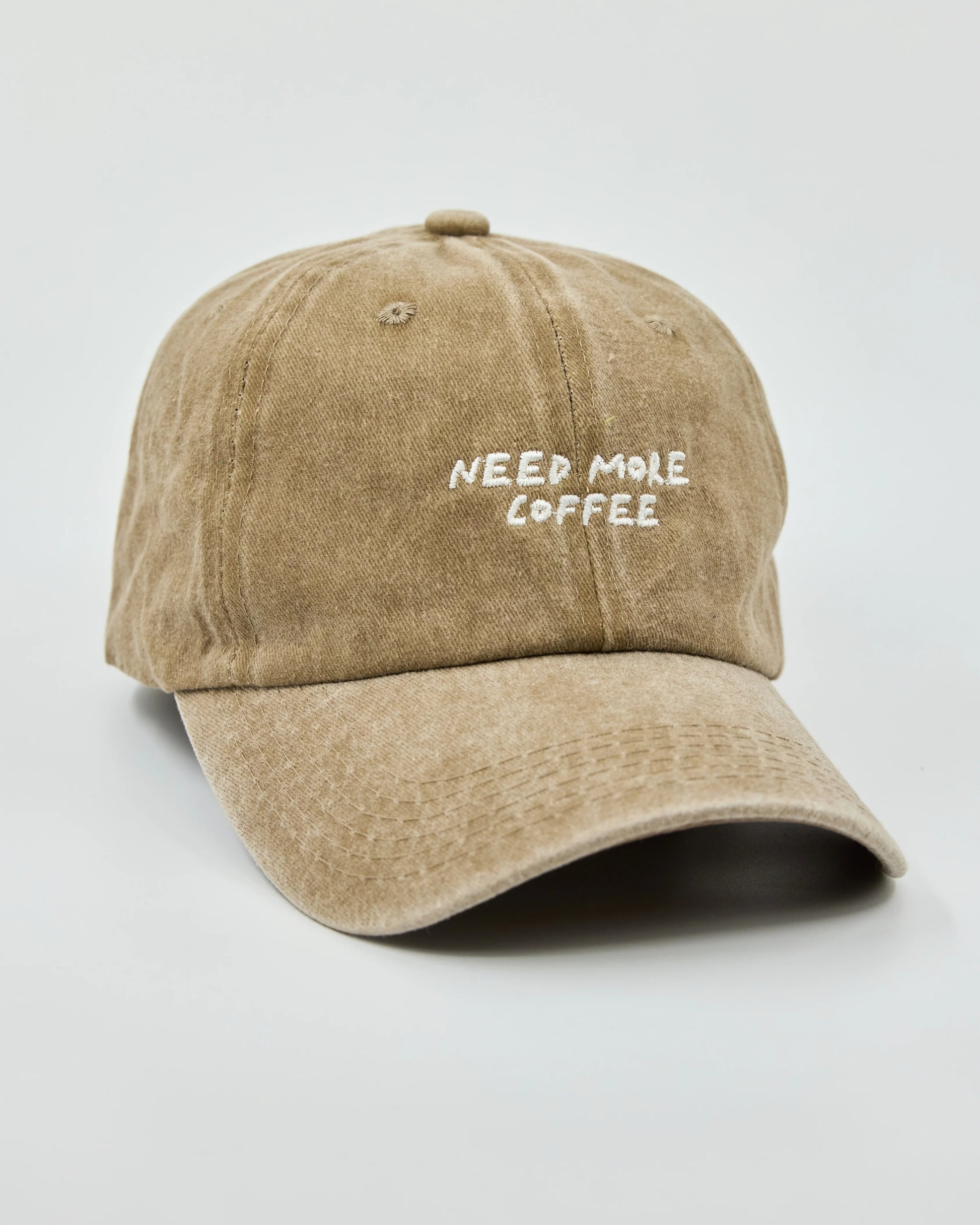 Side view of Need More Coffee Beige Washed Cap